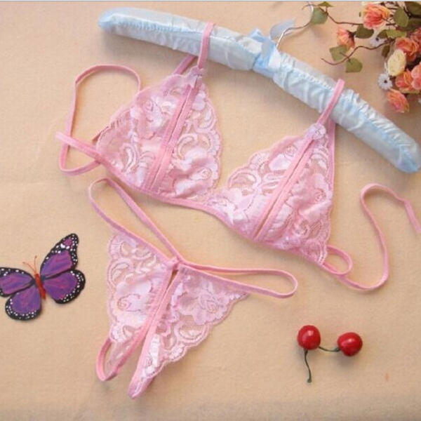 品信 情趣内衣 开档漏乳 三点超薄内衣全透明比基尼(粉色两件套)