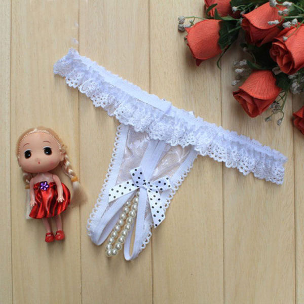 兆欣性感蕾丝珍珠开档丁字裤白色