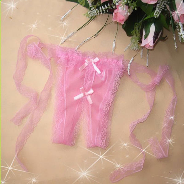 兆欣开档蕾丝内裤诱惑绑带式丁字裤粉红色