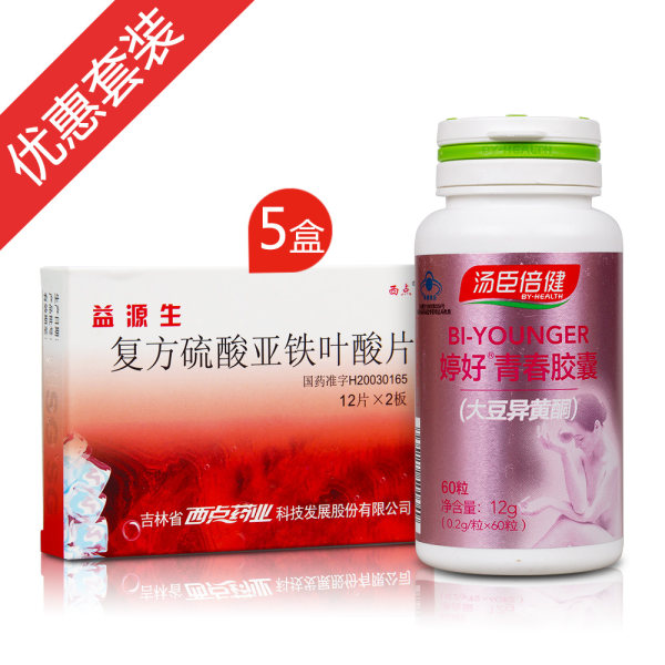补铁造血营养装1复方硫酸亚铁叶酸片5盒大豆异黄酮1瓶